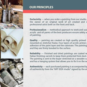 May include: Image showcasing art supplies and the text "OUR PRINCIPLES" with descriptions of the studio's values: Exclusivity, Professionalism, Quality, Reliability, and Authenticity. Includes paint tubes, brushes, and canvas rolls.