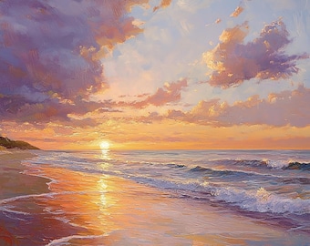 Horizonte Dourado – Pintura a óleo original sobre tela do pôr do sol na praia
