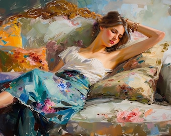 Afternoon Reverie: Elegant Impressionist Oil Painting of a Woman Relaxing on a Vintage Sofa