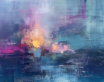 Resplandor de paisaje onírico: pintura acrílica abstracta original sobre lienzo / Arte mural moderno y colorido / Decoración impresionista en púrpura, azul y dorado