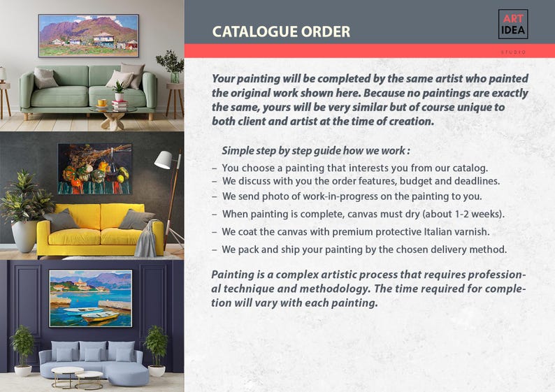 May include: An advertisement for custom paintings, showcasing three different artworks above couches. The text reads "CATALOGUE ORDER" and details the process, from choosing a painting to shipping.