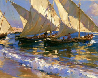 Sailboat Oil Painting Fishing Boats Original Canvas Coastal Wall Art Seascape Decor
