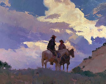 Cowboy Horse Oil Painting Original Canvas Western Landscape Rustic Wall Art Decor