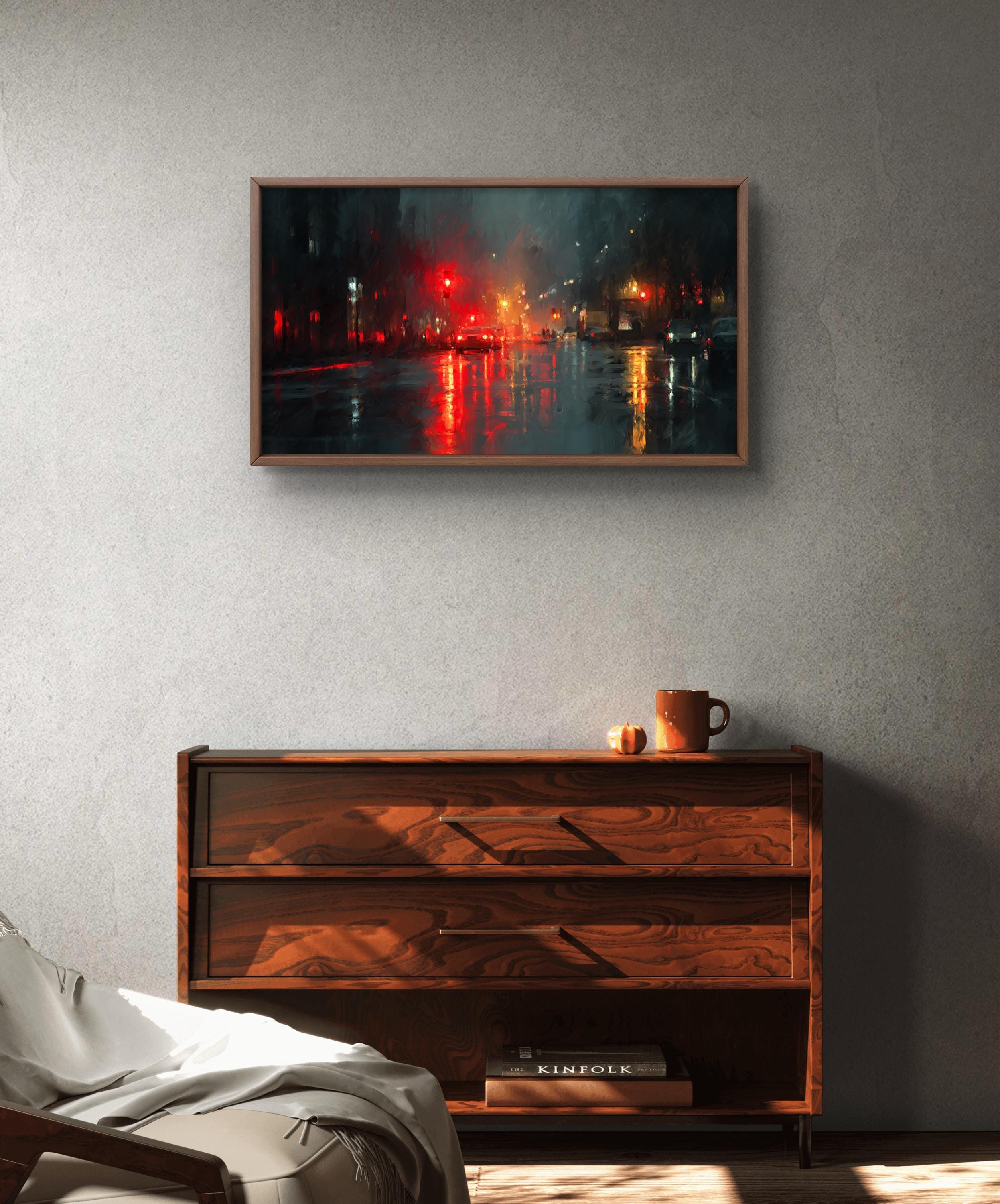 Rainy City Oil Painting, Night Cityscape Wall Art, Urban Canvas Artwork ...