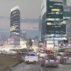 Evening City Lights – Urban Oil Painting | Modern Cityscape Art | Night Traffic in Metropolis | Handmade Impressionist Artwork