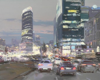 Urban Glow – Impressionist Cityscape Oil Painting Modern Night Street Wall Art Decor