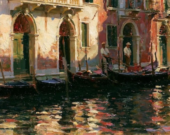 Original Oil Painting Venice Canal Gondolas Venetian Architecture Canvas Wall Art