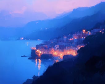 Nightscape Evening Lights of the Mediterranean Sicilian Coast: Coastal Town Oil Painting