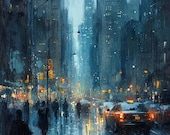 Rainy Cityscape Oil Painting, Modern Impressionist Urban Wall Art, Blue Gray Palette Knife Decor