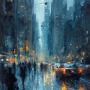 Rainy Cityscape Oil Painting | Moody Urban Night Scene with Reflections | Modern Impressionist Skyline | Taxi Lights & Skyscrapers Art