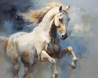 美しさと力強さ、馬と海の油絵、キャンバス上の白い馬のアート、白い馬