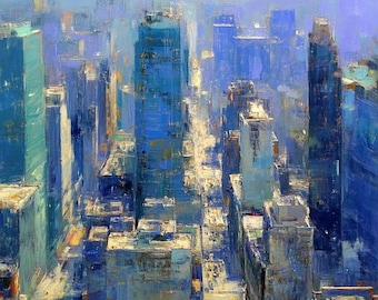 Blue Cityscape Original Oil Painting Canvas Skyline Modern Urban Wall Art Decor