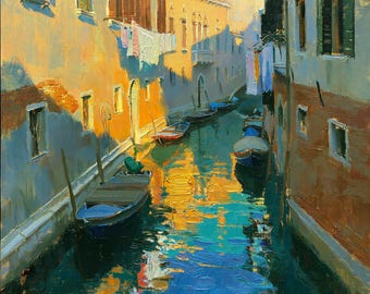 Venice Canal Italian Oil Painting Golden Morning Original Canvas  Wall Art