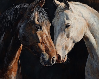 May include: A painting of two horses, one brown and one white, with their heads close together. The horses are facing each other and their noses are touching. The background is dark.