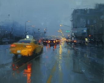 Yellow Cab Rainy Cityscape Oil Painting Blue Gray Canvas Original Art