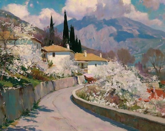 Spring Italian Landscape Original Oil Painting White Blue Canvas Wall Art Decor