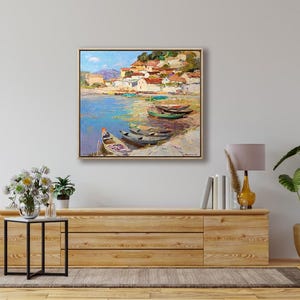 Coastal Oil Painting with Fishing Boats, Harbor Village Seascape Wall Art image 3