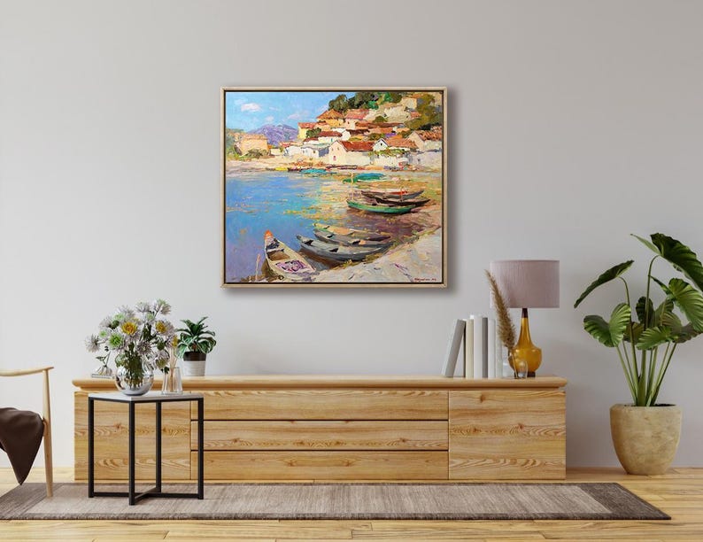 Coastal Oil Painting with Fishing Boats, Harbor Village Seascape Wall Art image 3