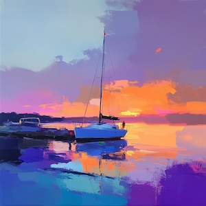 油画　船 額入りクリッパー船の絵画 夕焼けの壁アート ピンク イエロー