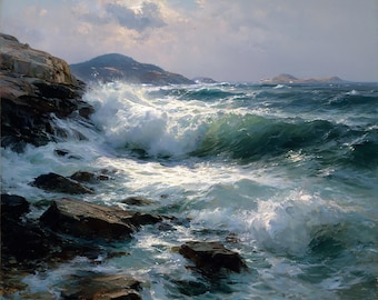 Pintura al óleo realista de paisaje marino, olas del océano rompiendo y rocas, arte mural costero para decoración del hogar