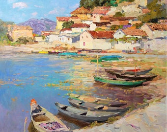 Coastal Oil Painting with Fishing Boats, Harbor Village Seascape Wall Art