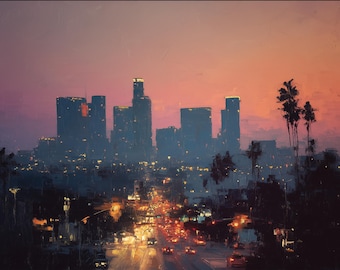 California Skyline Oil Painting Purple Blue Cityscape Original Canvas Wall Art