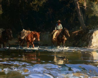Western Cowboy Oil Painting Forest Creek Original Canvas Rustic Lodge Wall Decor