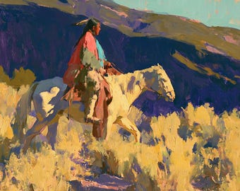 Western Landscape Oil Painting Native American Rider Original Canvas Rustic Wall Art