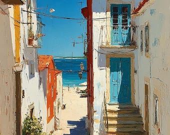 Original Oil Painting of Portuguese Coastal Village Street, Mediterranean Style Wall Art Decor