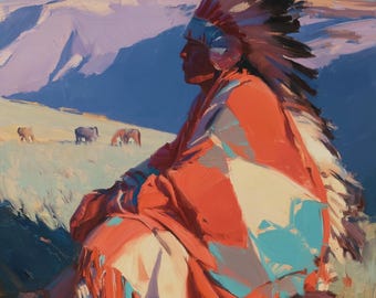 Native American Oil Painting Indigenous Portrait Original Canvas Western Rustic Wall Art
