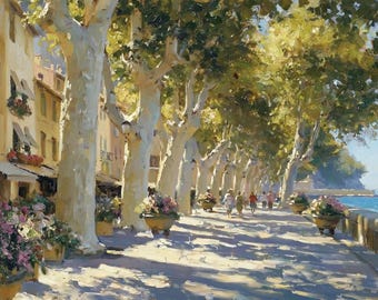 Sunlit Seaside Riviera Original Oil Painting Olive Green Boulevard Canvas Coastal Wall Art