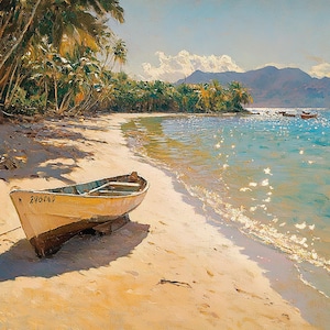 Golden Shoreline: Original Oil Painting of a Tropical Beach with Sunlit Waves and a Resting Boat