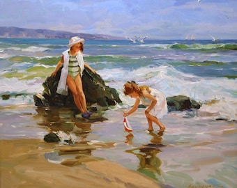 Original Seascape Figure Oil Painting Children Playing Beach Scene Summer Wall Art Canvas
