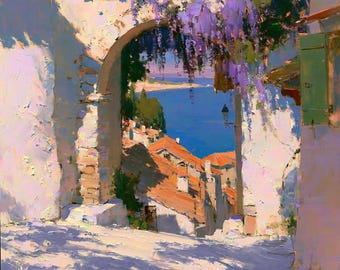 Wisteria Street Original Oil Painting Coastal Village Blue Canvas Wall Art Decor