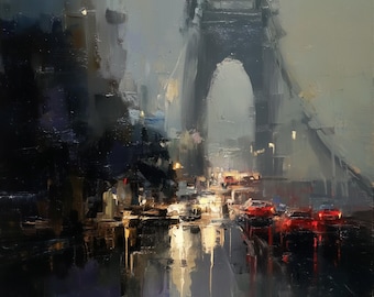 Rainy Bridge Cityscape Oil Painting Gray Urban Lights Original Canvas Wall Art