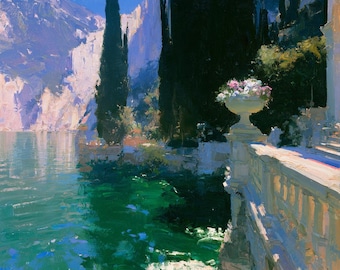 Original Oil Painting Italian Lake Landscape Turquoise Green Canvas Mediterranean Wall Art