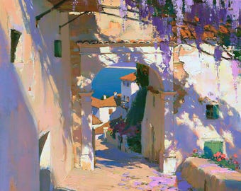 Italian Coastal Village Oil Painting Mediterranean Original Canvas Wall Art Wisteria