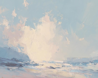 May include: An abstract landscape painting with a serene color palette. The artwork features a light blue sky with fluffy white and pale pink clouds. The foreground depicts a beach with soft, textured brushstrokes.