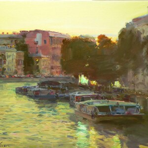 Golden Evening Glow on the Canal – Original Oil Painting of a Sunset Cityscape with Boats and Reflections