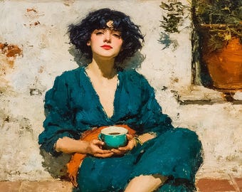 Strong Italian Coffee – Mediterranean Figurative Oil Painting | Teal Blue Woman Portrait | Rustic Cafe Wall Art for Kitchen or Living Room
