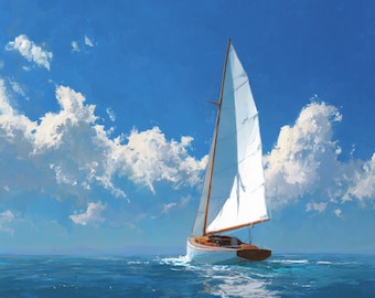 Zeilboot zeegezicht olieverfschilderij, nautische muurkunst op canvas, blauwe oceaan decor, kustzeilkunstwerk