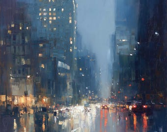 Blue Rainy Cityscape Original Oil Painting Canvas Modern Urban Wall Art Decor
