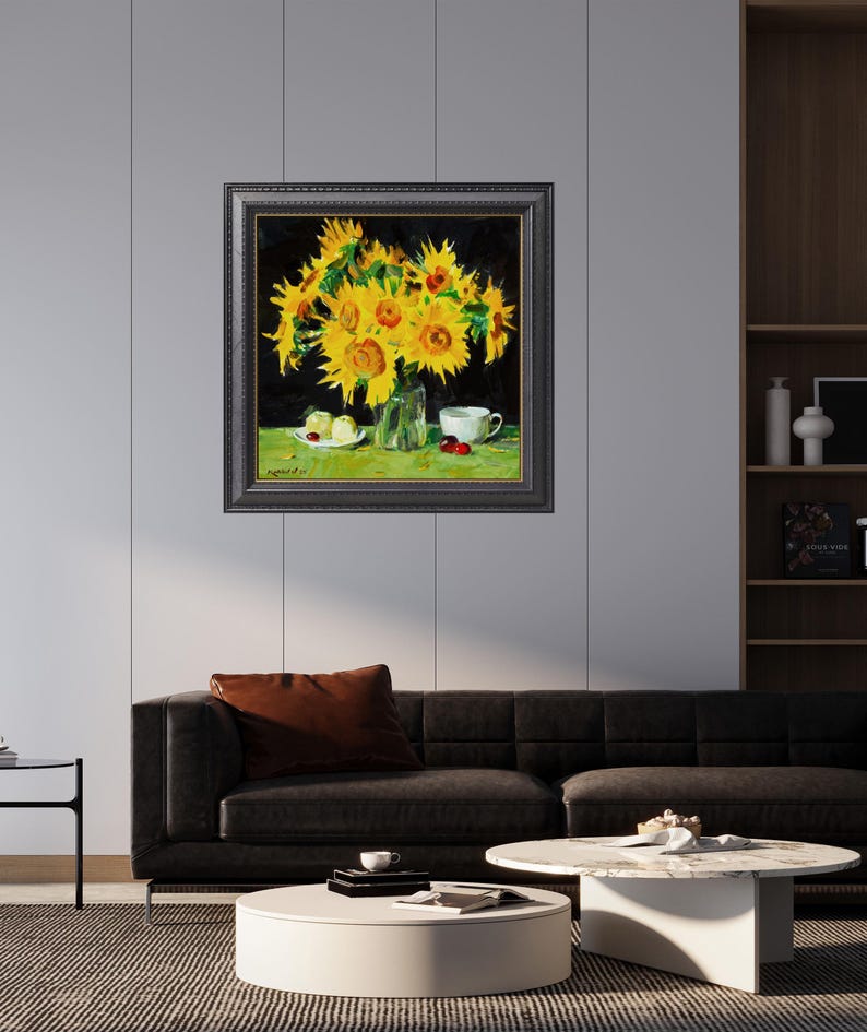 Golden Sunflowers in a Glass Vase: Original Still Life Oil Painting ...
