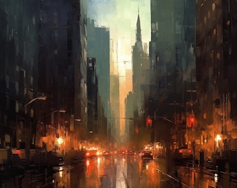 夜の街の油絵 オリジナルの街の風景画 都市景観アート 街の明かりの壁