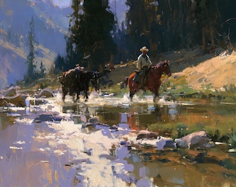 Western Cowboy Creek Oil Painting Original Canvas Mountain Landscape Rustic Wall Art Decor