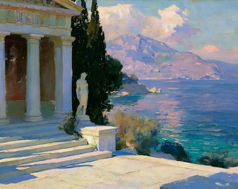 Ancient Greece Wall Art Original Oil Painting Mediterranean Coastal Canvas Decor
