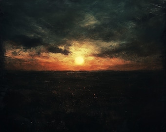 May include: An abstract painting of a sunset. The sky is filled with dark, moody clouds, with a bright yellow sun breaking through. The horizon line is dark, with hints of orange and red. The overall effect is dramatic and atmospheric.