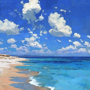May include: An oil painting depicts a vibrant beach scene. The sky is a bright blue, dotted with fluffy white clouds. The ocean transitions from turquoise to deep blue, meeting a sandy shore. The artwork evokes a sense of tranquility and natural beauty.