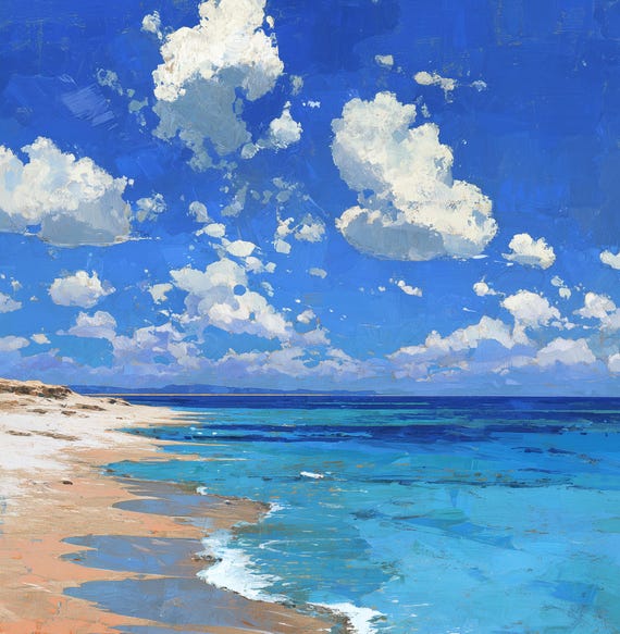 Impressionist Seascape Oil Painting, Azure Ocean Horizon with Clouds, Blue Coastal Wall Art Décor