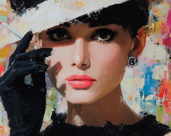 Elegant Fashion Portrait – Modern Oil Painting of Chic Woman in Black Glove, Colorful Background Wall Art, Vogue Style Canva